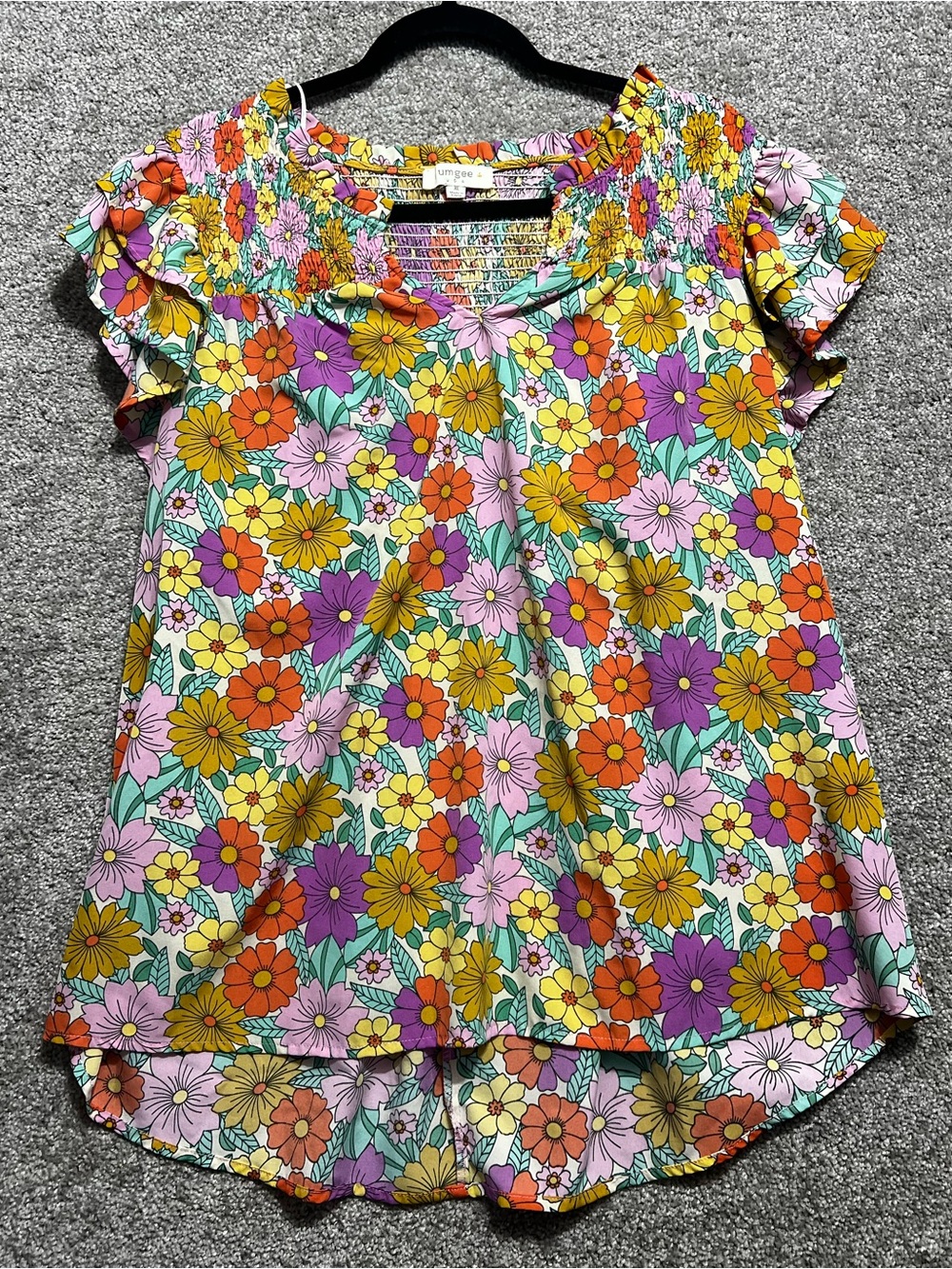 Umgee Floral Printed Smocked Blouse Women's Size XL Ruffle Sleeve Boho Retro